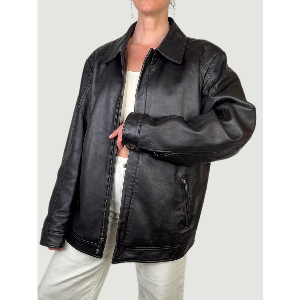 Vintage Y2K black‎ leather bomber jacket coat oversized Merona moto genuine L